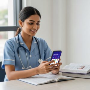 An Indian nursing student smiling as she studies with the Ezi Nurse app on her smartphone.