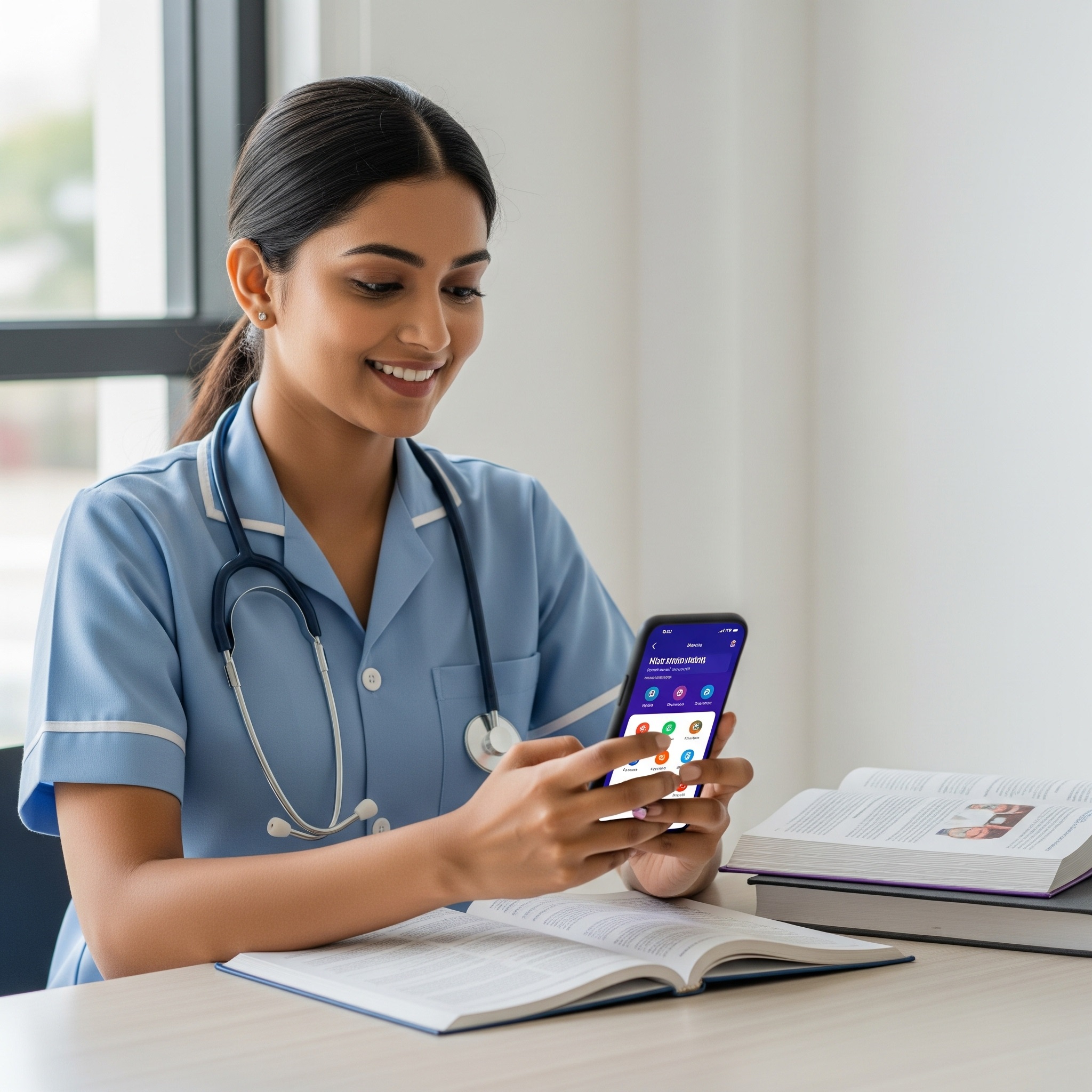 An Indian nursing student smiling as she studies with the Ezi Nurse app on her smartphone.
