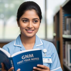 A focused GNM nursing student in her first year, wearing a blue uniform and smiling while studying from a 'GNM First Year Notes' book in a college library.