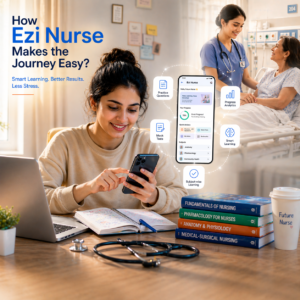 Smiling nursing student using Ezi Nurse app on smartphone in a clean study setup with books and stethoscope, with hospital scene in background showing nurse caring for a patient, highlighting easy and smart nursing learning