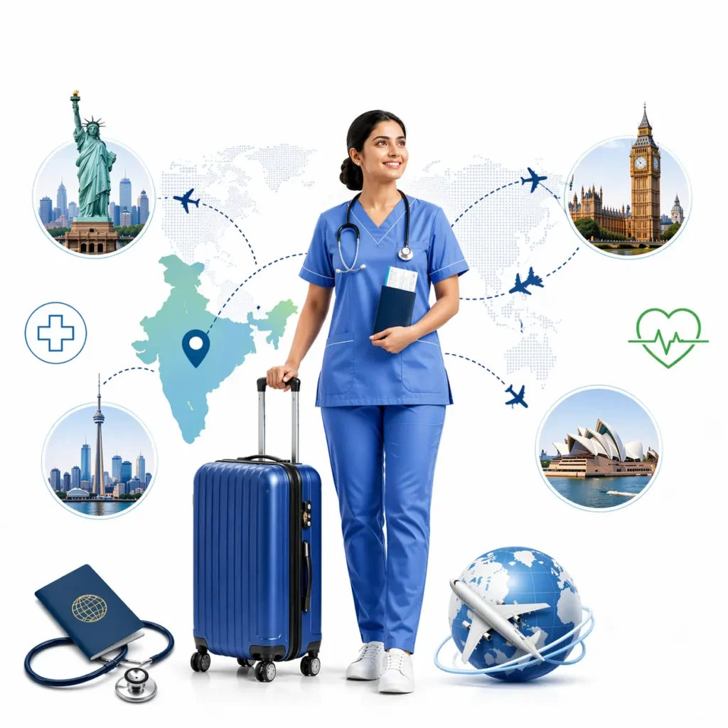Indian nurse in blue uniform holding a suitcase and passport, surrounded by global travel icons and medical symbols on a clean white background, representing abroad opportunities for nurses from India.
