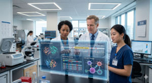 Oncologists in a laboratory analyzing data on cancer breakthroughs in 2026.