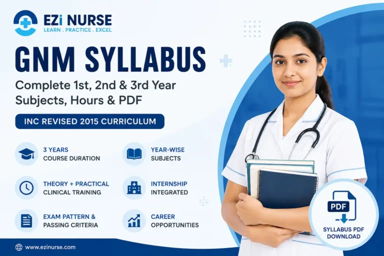GNM Syllabus guide with EZI Nurse branding, covering 1st, 2nd and 3rd year subjects, clinical training, internship, exam pattern, and syllabus PDF download.