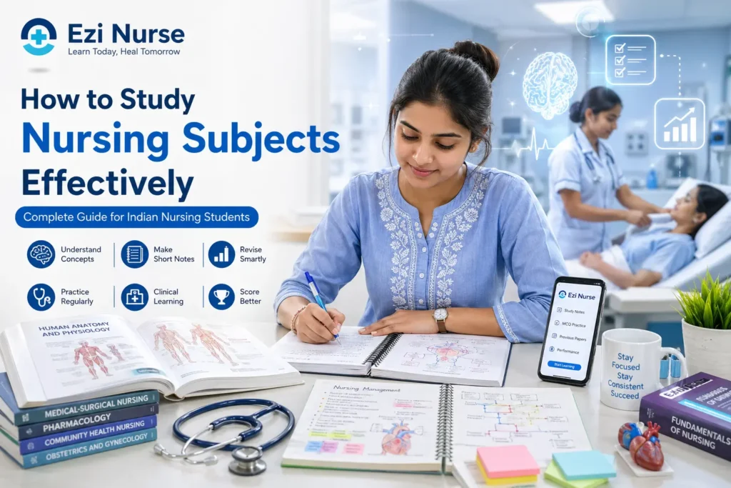Indian nursing student studying at a desk with notes, textbooks, and smartphone app, with background scene of clinical practice and Ezi Nurse branding showing effective nursing study concept