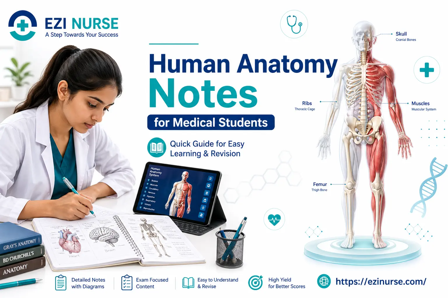 Human anatomy notes banner for medical students featuring an Indian student studying anatomy diagrams, a digital anatomy model on tablet, and a 3D human body illustration with skeletal and muscular systems on a clean white background, branded with Ezi Nurse
