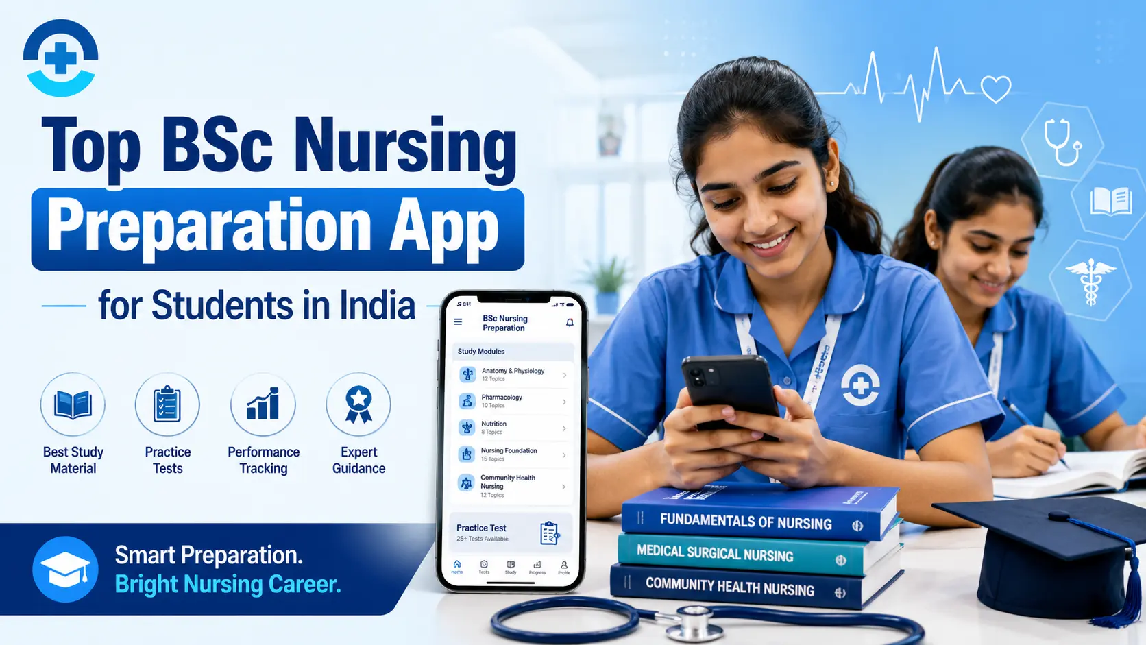Blog highlight image showing BSc nursing students using a mobile preparation app with study materials, practice tests, performance tracking, nursing books, and medical learning icons.