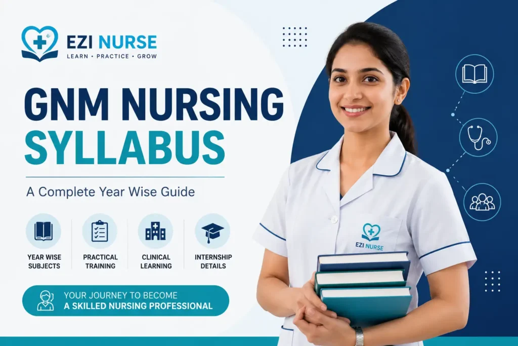 GNM nursing syllabus with year wise subjects, practical training, internship details, and Ezi Nurse learning support.