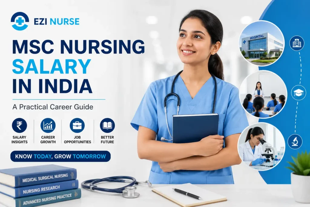 Indian MSc nursing professional highlighting MSC nursing salary in India, career growth, and job opportunities with Ezi Nurse.