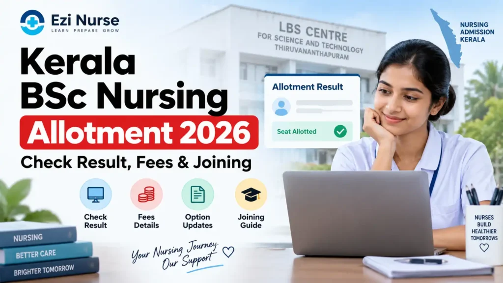 Ezi Nurse Kerala BSc Nursing Allotment 2026 banner showing LBS allotment, nursing admission, result checking, fees and college joining guidance.