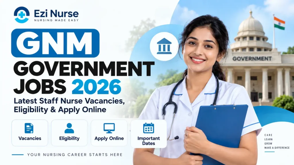 Ezi Nurse GNM Government Jobs 2026 guide featuring a nurse, government building, and highlights for latest staff nurse vacancies, eligibility, online application, and important dates.