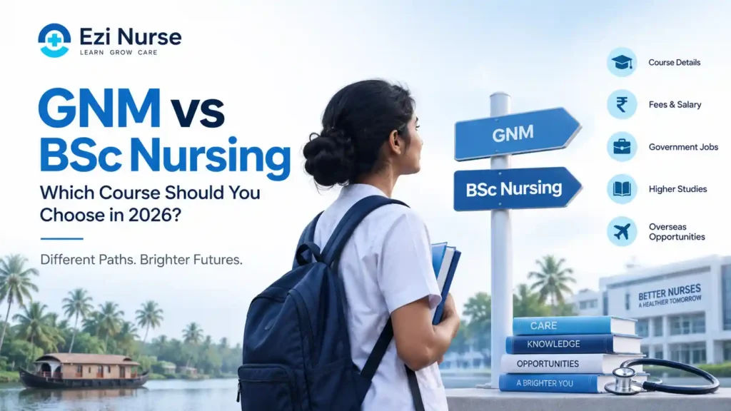 GNM vs BSc Nursing course comparison for nursing students in Kerala, covering duration, fees, salary, government jobs, higher studies and career opportunities.