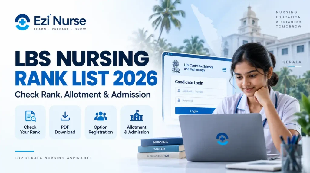 LBS Nursing Rank List 2026 for Kerala nursing students showing rank, allotment and admission details.